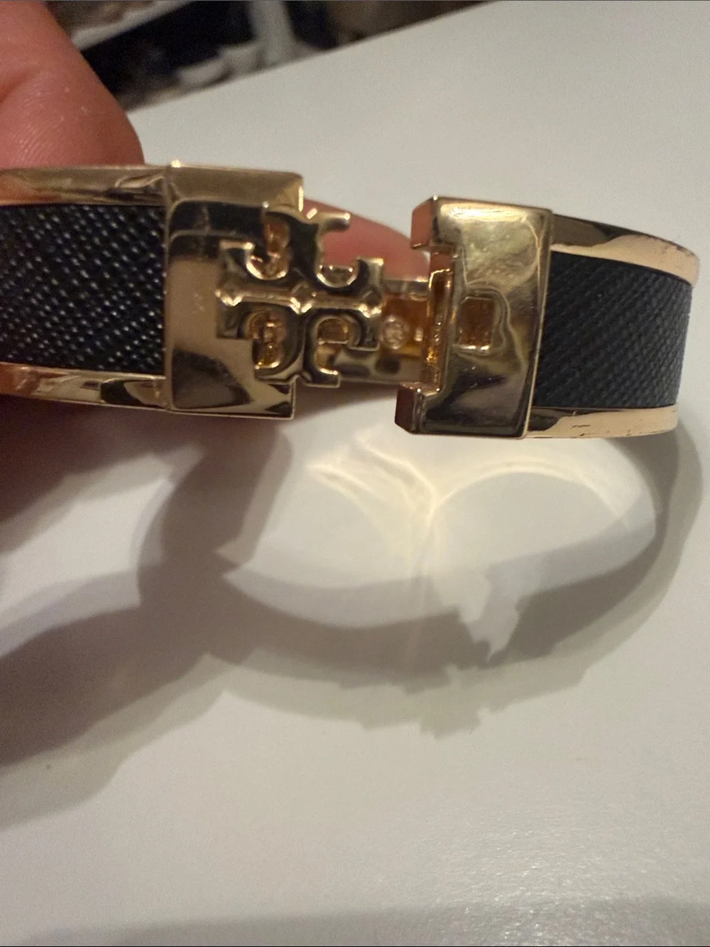 Tory Burch Navy Leather Inlay Gold Logo Hinged Bangle
